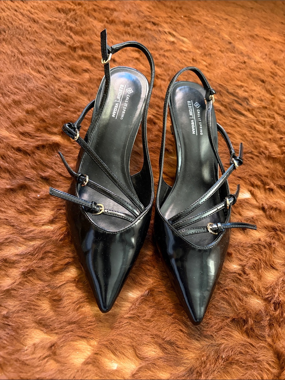 Call It Spring Black Patent Pointed Slingback Heels with Buckle Straps